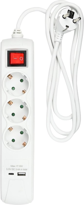 Stekkerdoos 3-voudig RA + schakelaar + USB-A + USB-C + 1.5 mtr wit