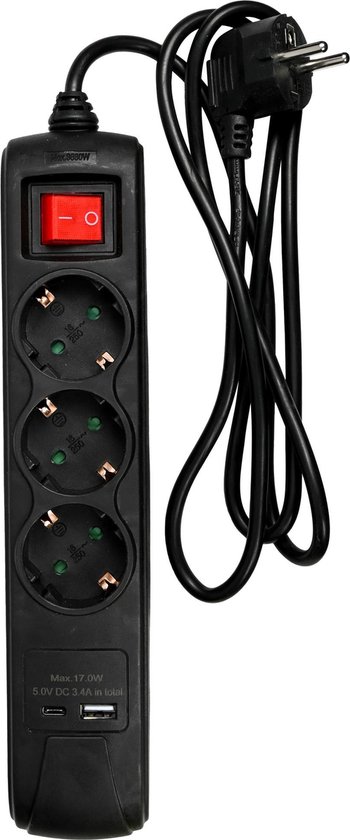Stekkerdoos 3-voudig RA + schakelaar + USB-A + USB-C + 1.5 mtr zwart