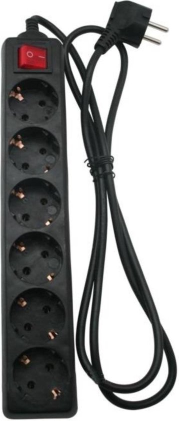 Stekkerdoos 6-voudig + RA + schakelaar 1.5 mtr zwart