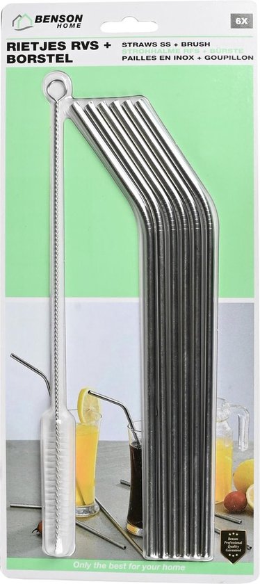 Rietjes rvs gebogen 6 dlg + reinigingsborstel
