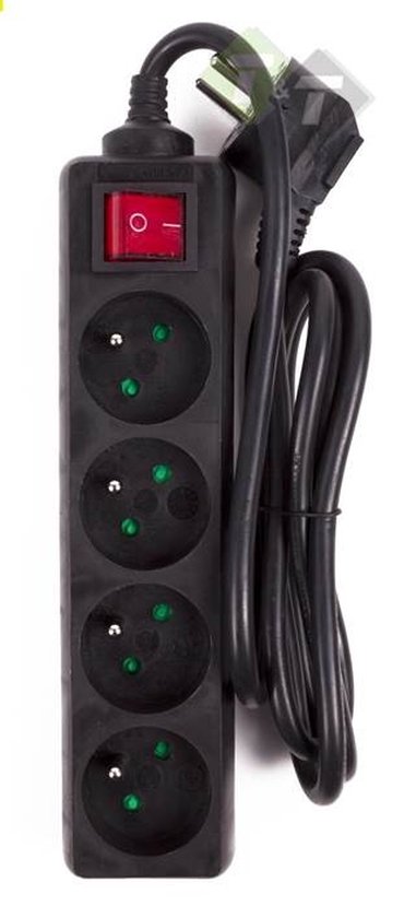 Stekkerdoos A-pin 4-voudig + schakelaar 3.0 mtr zwart