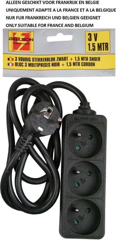 Stekkerdoos A-pin 3-voudig + 1.5 mtr zwart