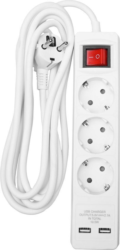 Stekkerdoos 3-voudig + RA 3 x 1.5 + schakelaar + 2 x USB + 3 mtr