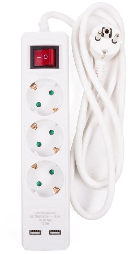 Stekkerdoos 3-voudig + RA 3 x 1.5 + schakelaar + 2 x USB + 1.5 mtr