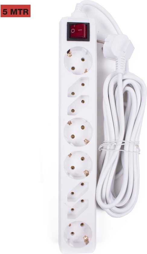 Stekkerdoos 8-voudig + RA + schakelaar 5.0 mtr