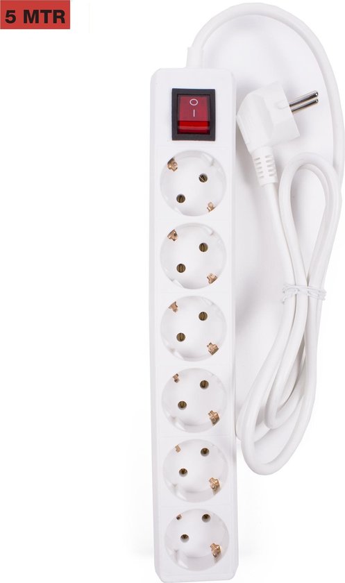 Stekkerdoos 6-voudig + RA + schakelaar 5 mtr