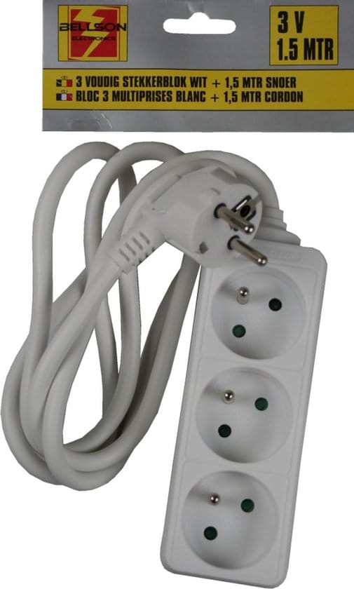 Stekkerdoos A-pin 3-voudig + 1.5 mtr wit