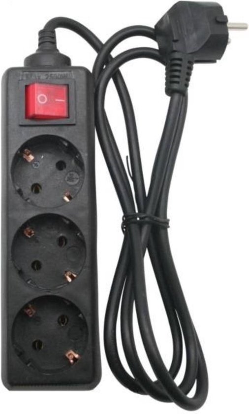 Stekkerdoos 3-voudig + RA + schakelaar 1.5 mtr zwart
