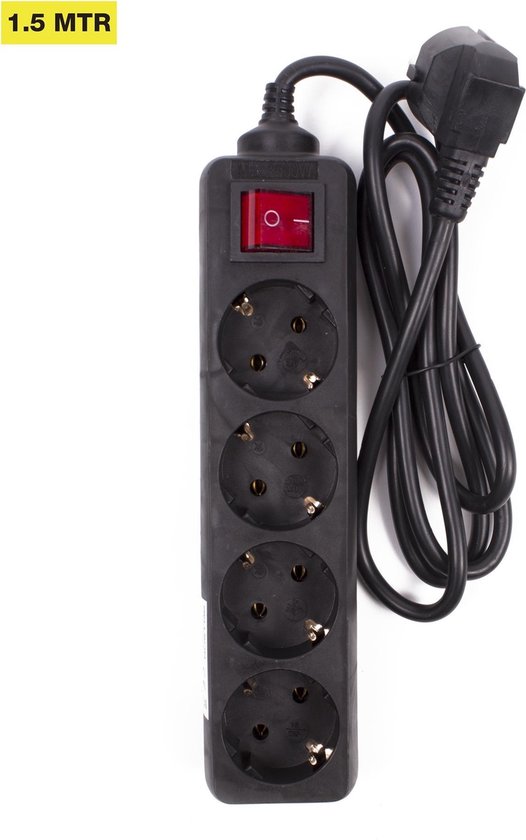 Stekkerdoos 4-voudig + RA + schakelaar 1.5 mtr zwart
