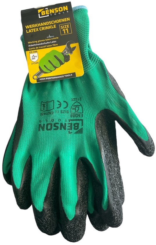 Werkhandschoenen latex crinkle groen zwart maat 11
