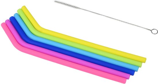 Rietjes siliconen gebogen 6dlg + reinigingsborstel