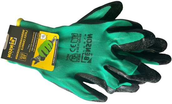 Werkhandschoenen latex crinkle groen zwart maat 10