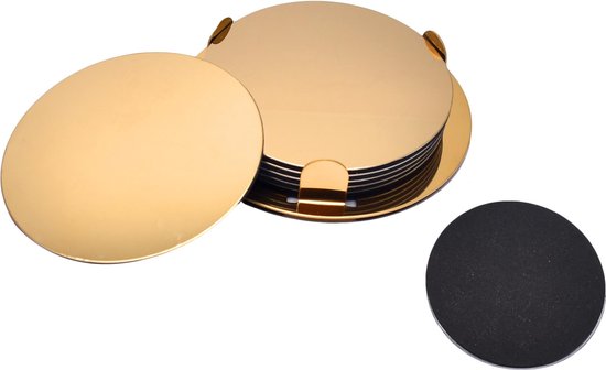 Onderzetters goud RVS 8,5 cm 6 dlg + houder
