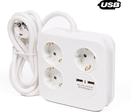 Stekkerdoos 3-voudig + RA + 2 USB 2.4a 1.5 mtr vierkant