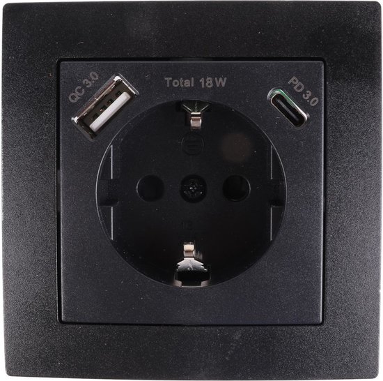 Stopcontact RA inbouw met USB-A/C zwart