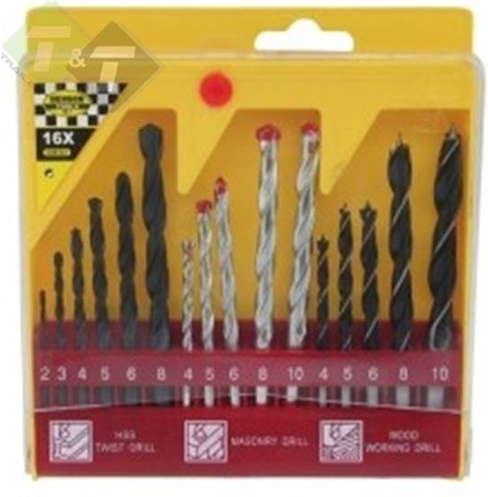 Boorset 16 dlg hout en metaal koffer