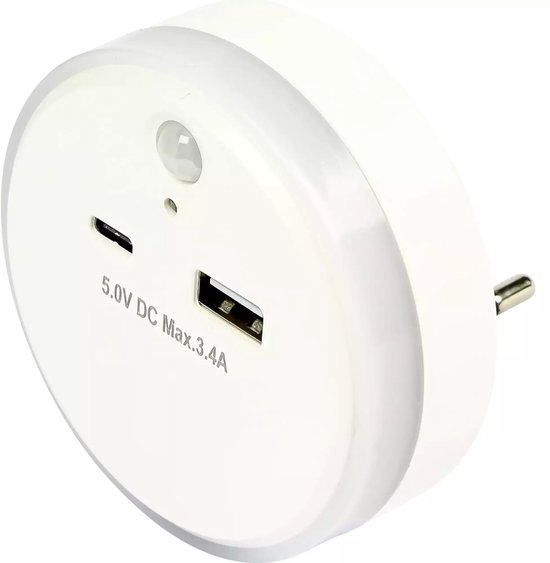 Nachtlamp USB-A en USB-C met dag/nacht + PIR sensor