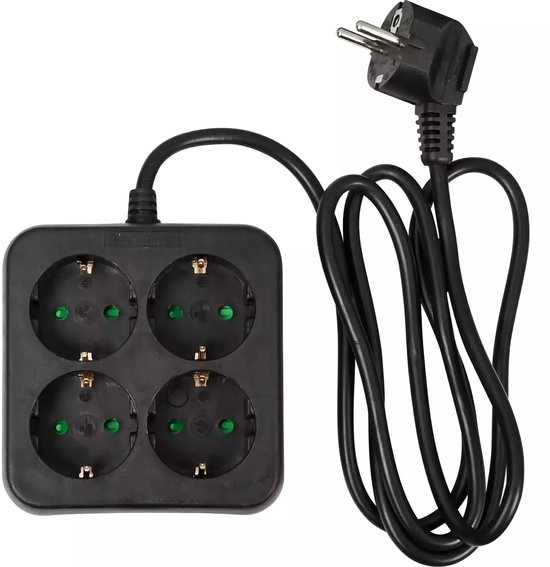 Stekkerdoos 4-voudig + RA + 1.5 mtr vierkant zwart