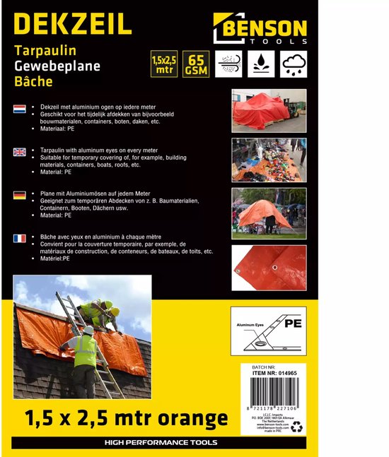 Dekzeil 1,5 x 2,5 mtr oranje