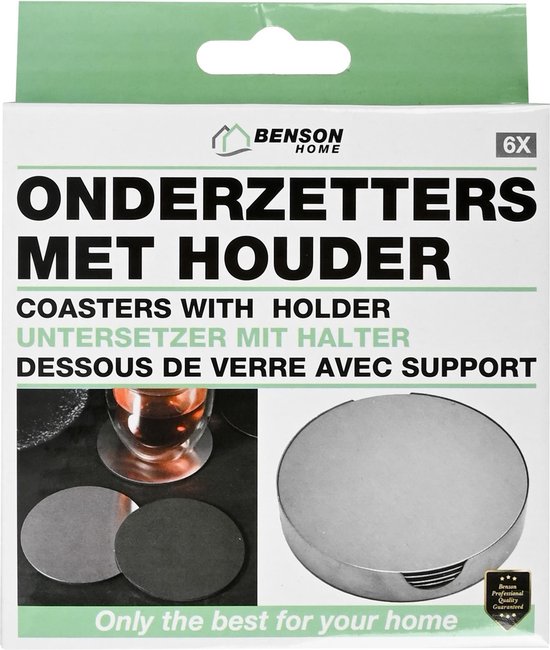 Onderzetters zilver RVS 10 cm 6 dlg + houder