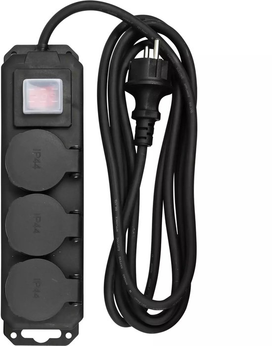 Stekkerdoos 3-voudig + RA + schakelaar 3.0 mtr IP44