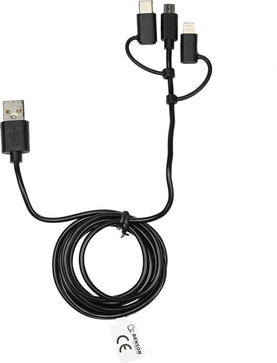 Autolader USB 2.4A inclusief 3-in-1 kabel 1.5 mtr 12-24V