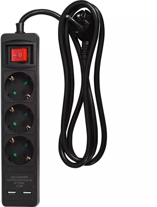 Stekkerdoos 3-voudig + RA 3 x 1.5 + schakelaar + 2 x USB + 1.5 mtr zwart