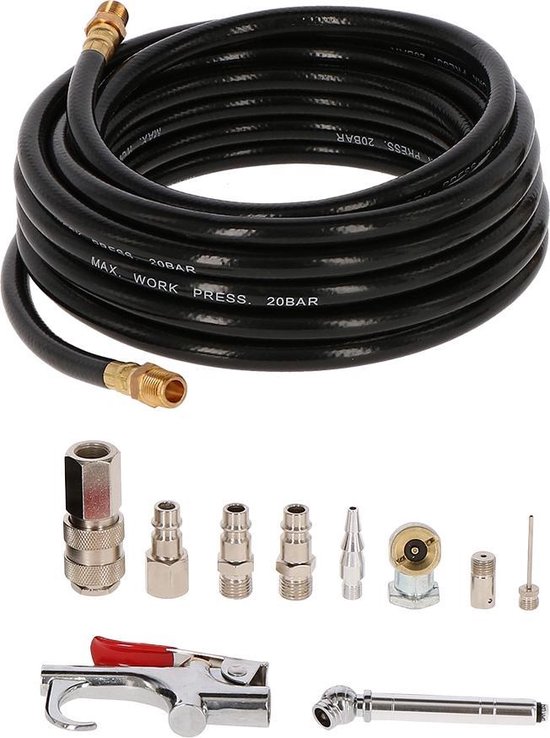 Luchtslang 8 mtr 1/4" + accessoires 10 dlg