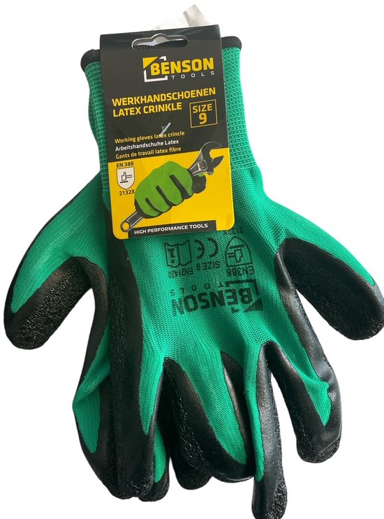 Werkhandschoenen latex crinkle groen zwart maat 9