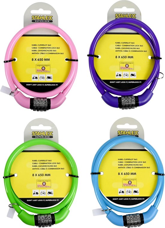 Kabel cijferslot CodeKidz 8 x 650 mm mix