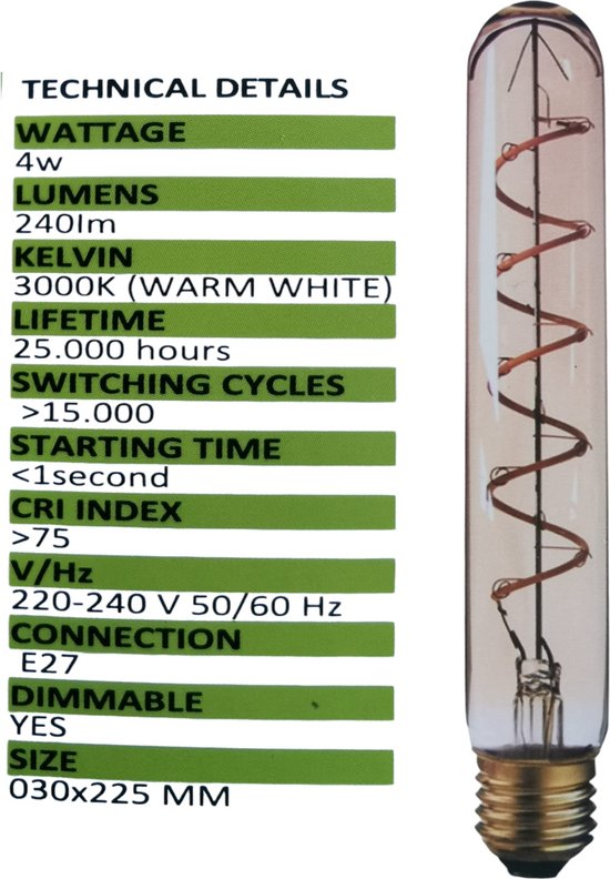 LED lamp buis fila spir t30 4W E27 amb 30 x 255 dimbaar
